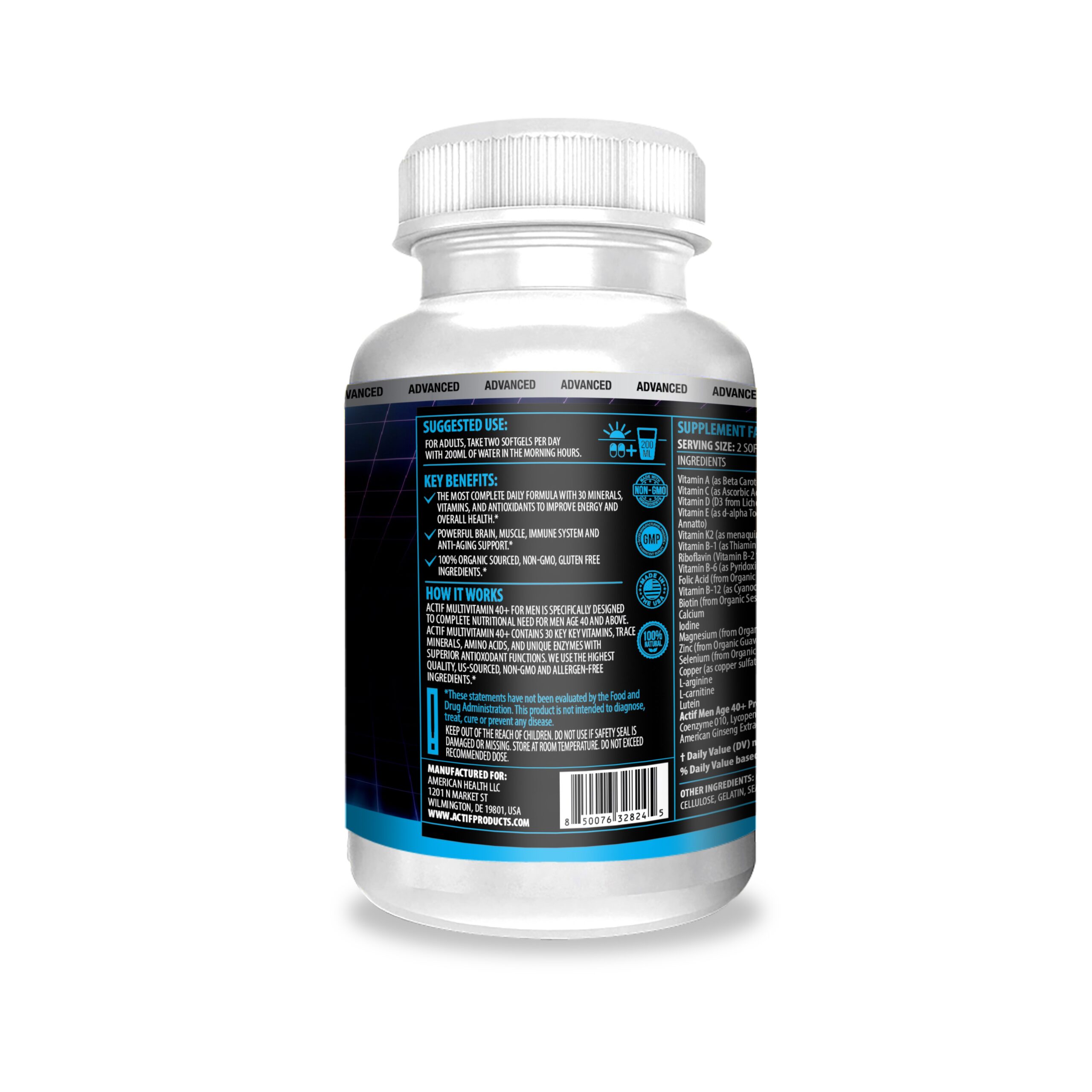 ACTIF Multivitamin for Men Age 40+ with 30 Advanced Factors - Non GMO, Made in USA, 90 Count - Image 3