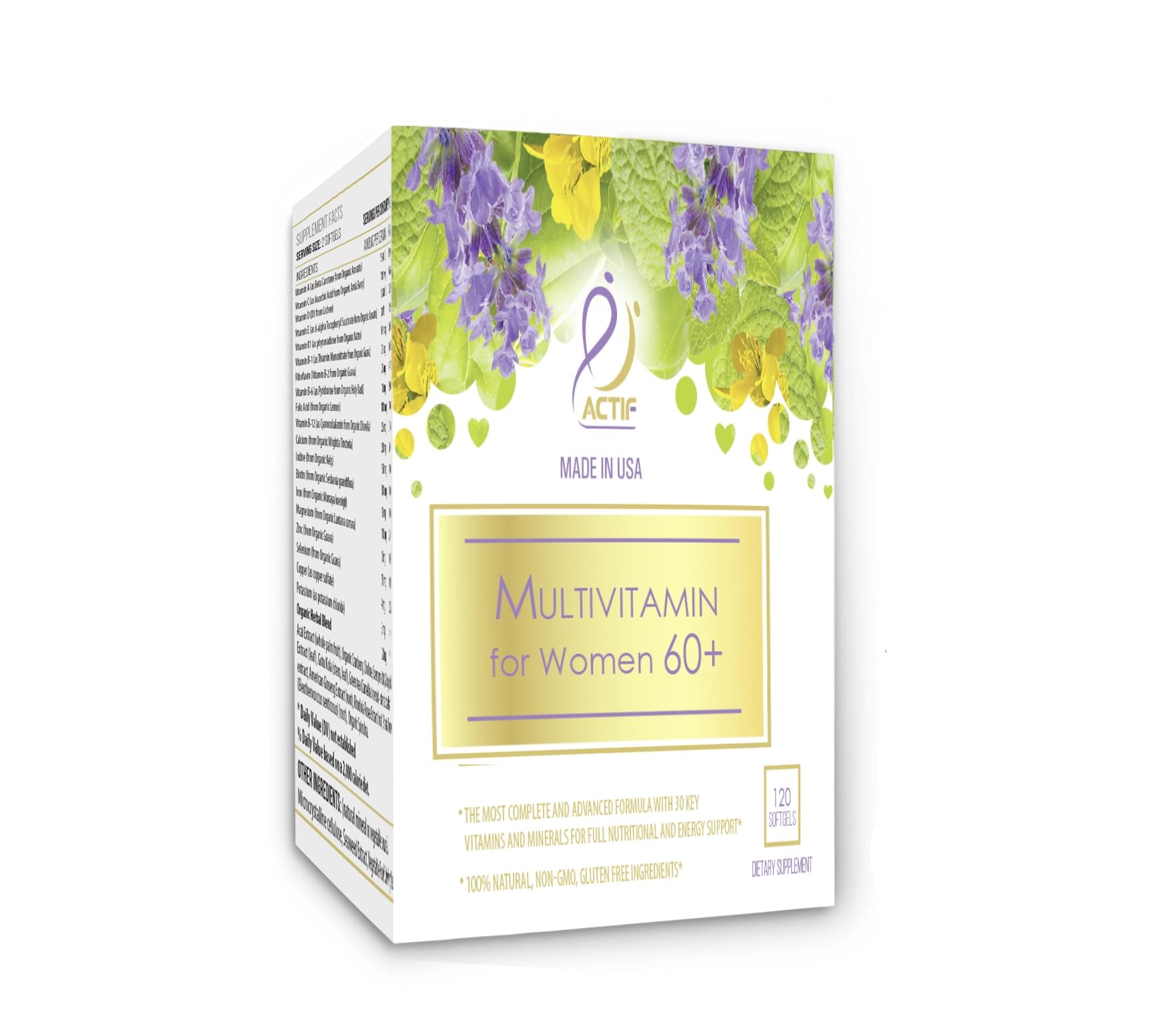 Actif Multivitamin for Women 60+ with 30 Organic Vitamins and Organic Herbs, Non-GMO, Made in USA, 2 Month Supply